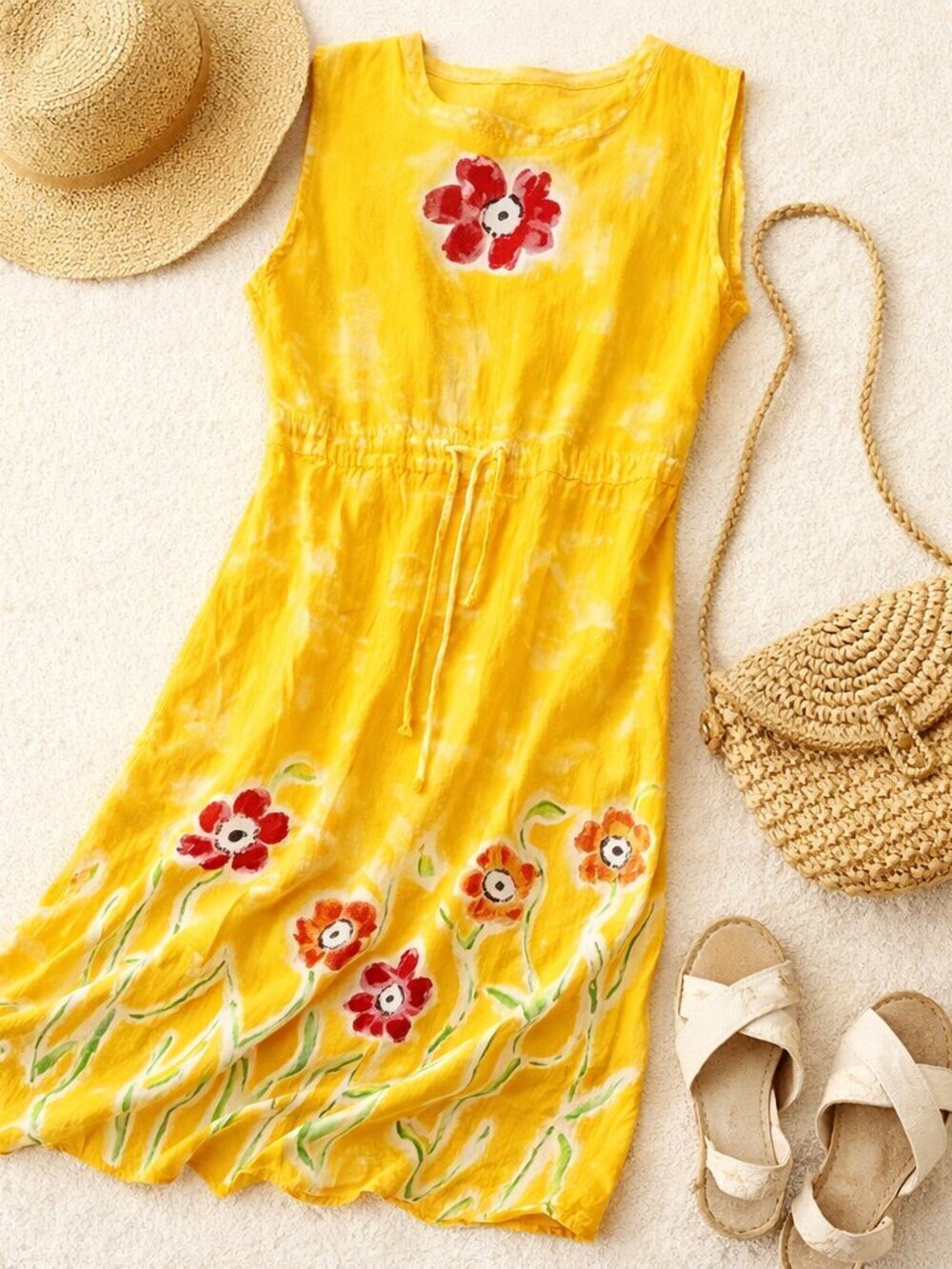 VTG 90s Campers Hand Painted Yellow Floral Maxi Dress Boho Artsy M/L